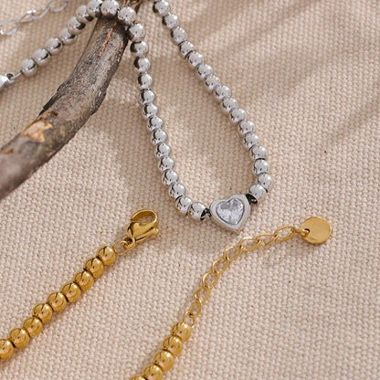 18k Gold-Plated Beaded Bracelet with Heart Zirconia Detail