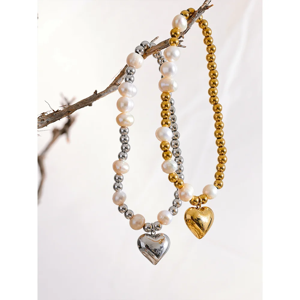 Heart &amp; Pearl Beaded Chain Bracelet – 18k Gold-Plated