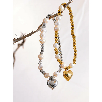 Heart &amp; Pearl Beaded Chain Bracelet – 18k Gold-Plated