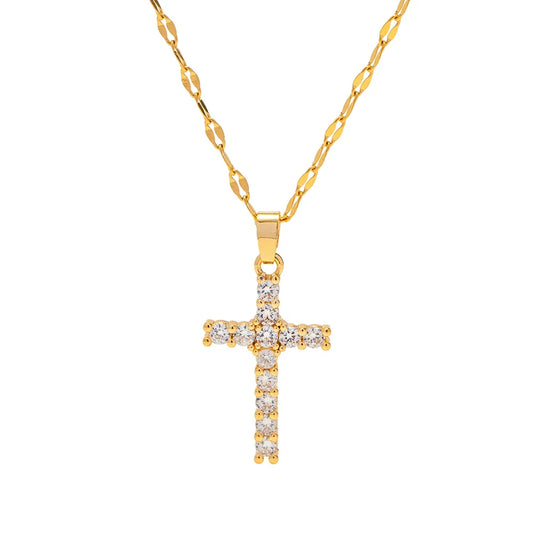 18k Gold-Plated Cross Necklace with Pavé Zirconia