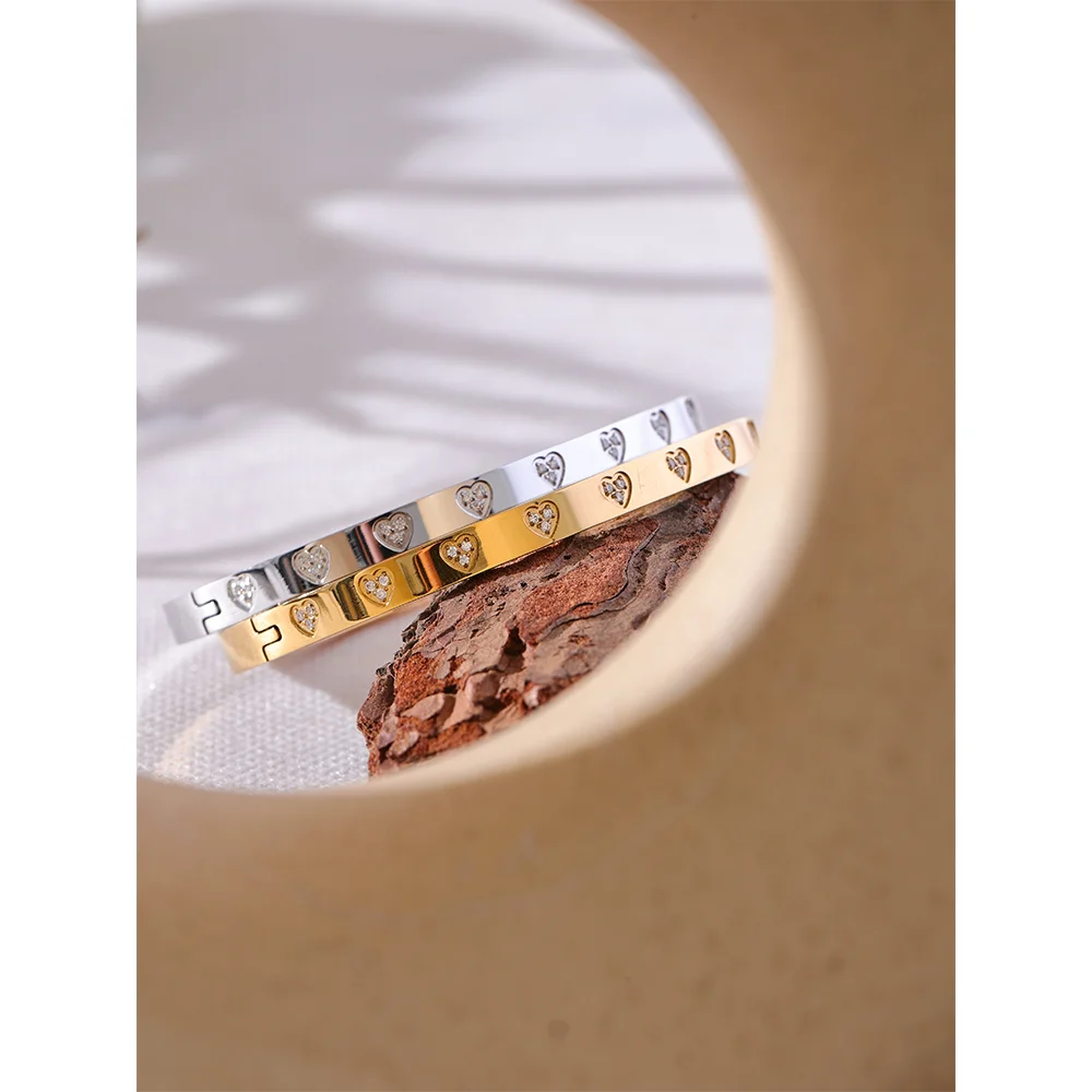 18k Gold-Plated Minimalist Hearts &amp; Zirconia Bangle