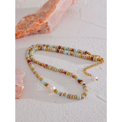 18k Gold-Plated Natural Stones and Pearl Necklace