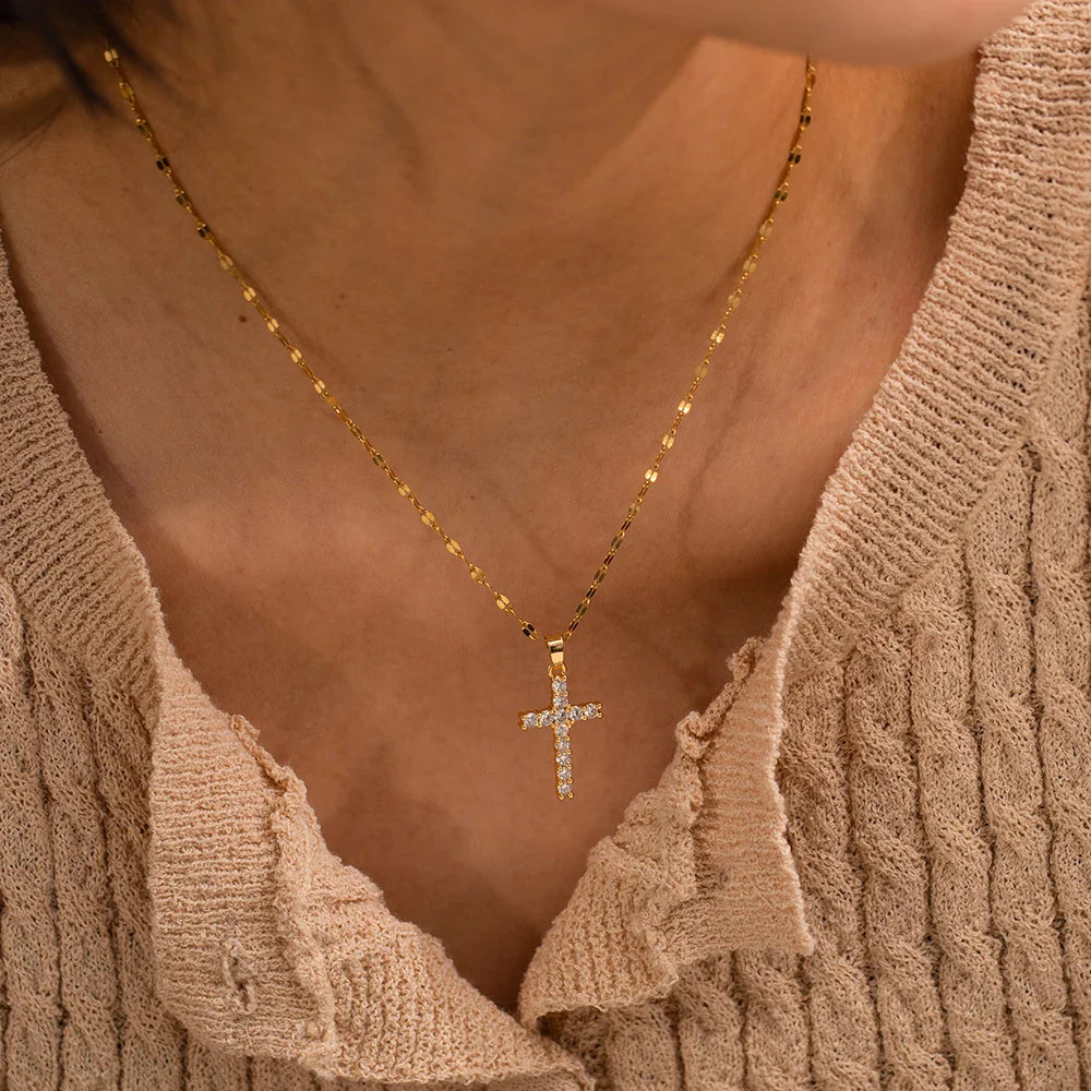 18k Gold-Plated Cross Necklace with Pavé Zirconia