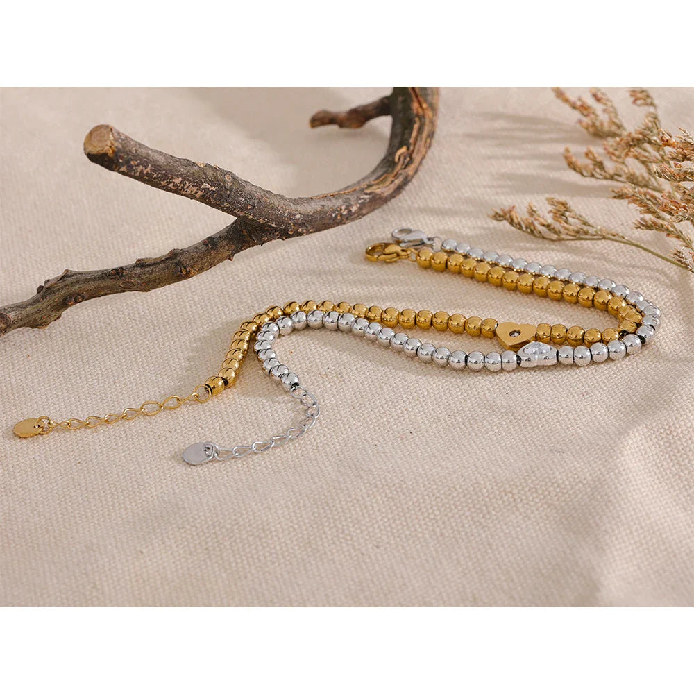 18k Gold-Plated Beaded Bracelet with Heart Zirconia Detail