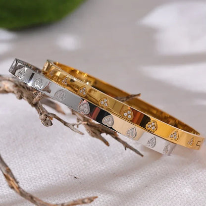 18k Gold-Plated Minimalist Hearts &amp; Zirconia Bangle