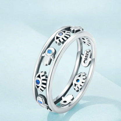 925 Sterling Silver Evil Eye Hamsa Hand Ring