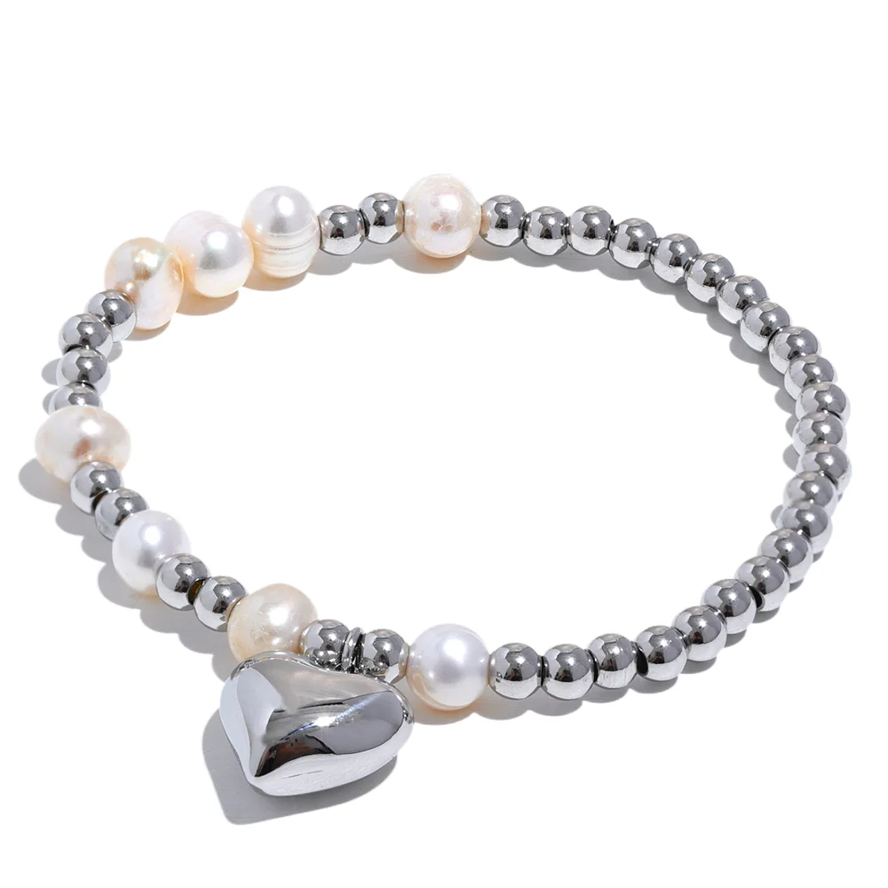 Heart &amp; Pearl Beaded Chain Bracelet – 18k Gold-Plated