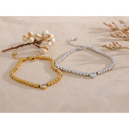 18k Gold-Plated Beaded Bracelet with Heart Zirconia Detail