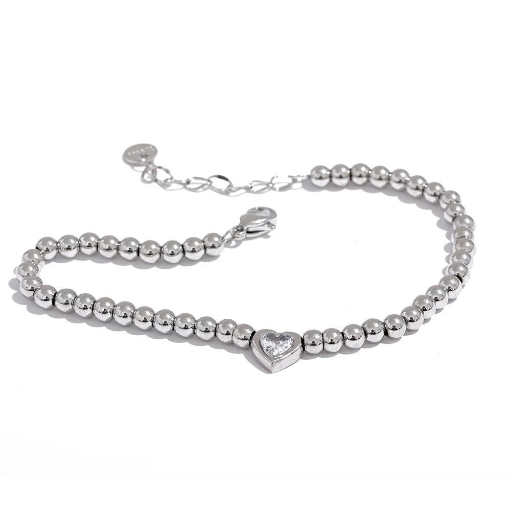 18k Gold-Plated Beaded Bracelet with Heart Zirconia Detail