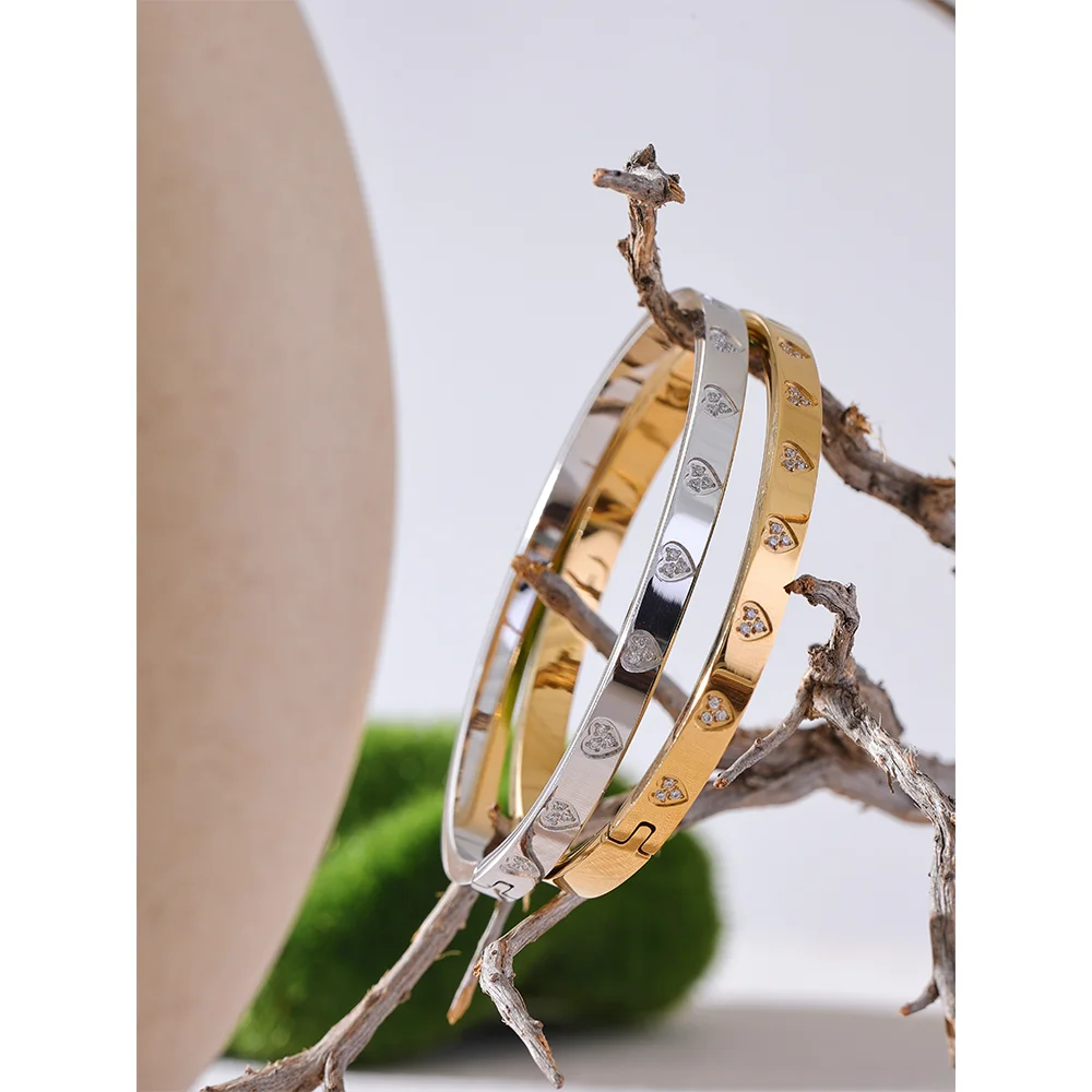 18k Gold-Plated Minimalist Hearts &amp; Zirconia Bangle