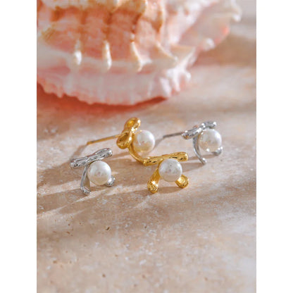 18k Gold-Plated Bow Pearl Earrings