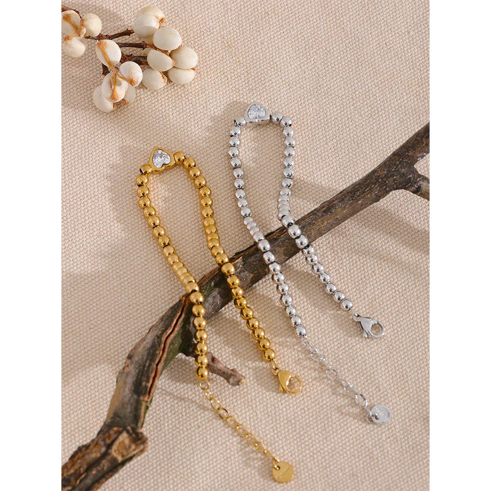 18k Gold-Plated Beaded Bracelet with Heart Zirconia Detail
