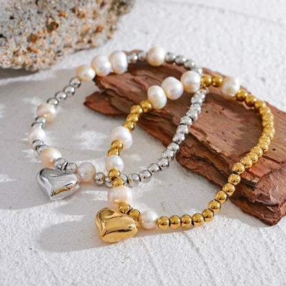 Heart &amp; Pearl Beaded Chain Bracelet – 18k Gold-Plated