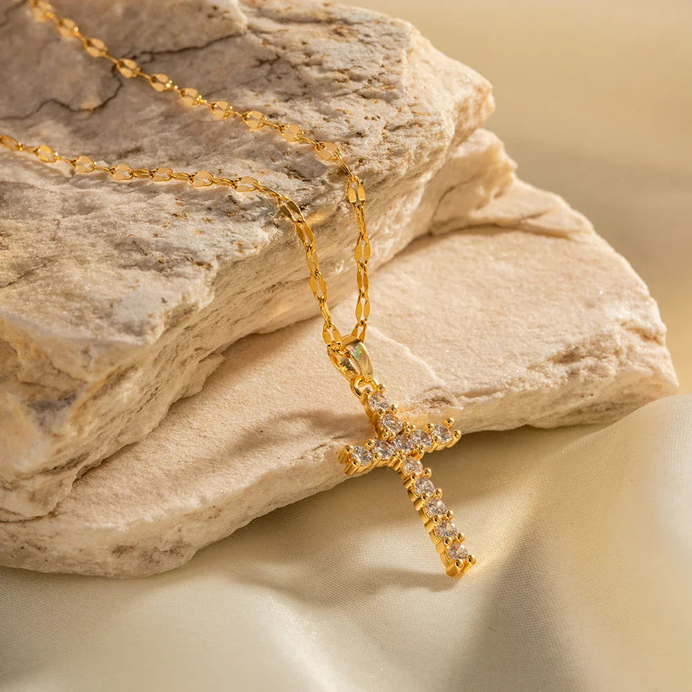 18k Gold-Plated Cross Necklace with Pavé Zirconia