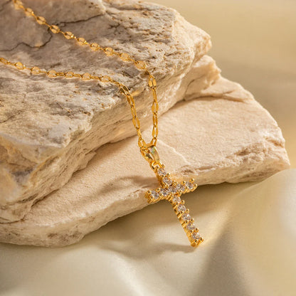 18k Gold-Plated Cross Necklace with Pavé Zirconia