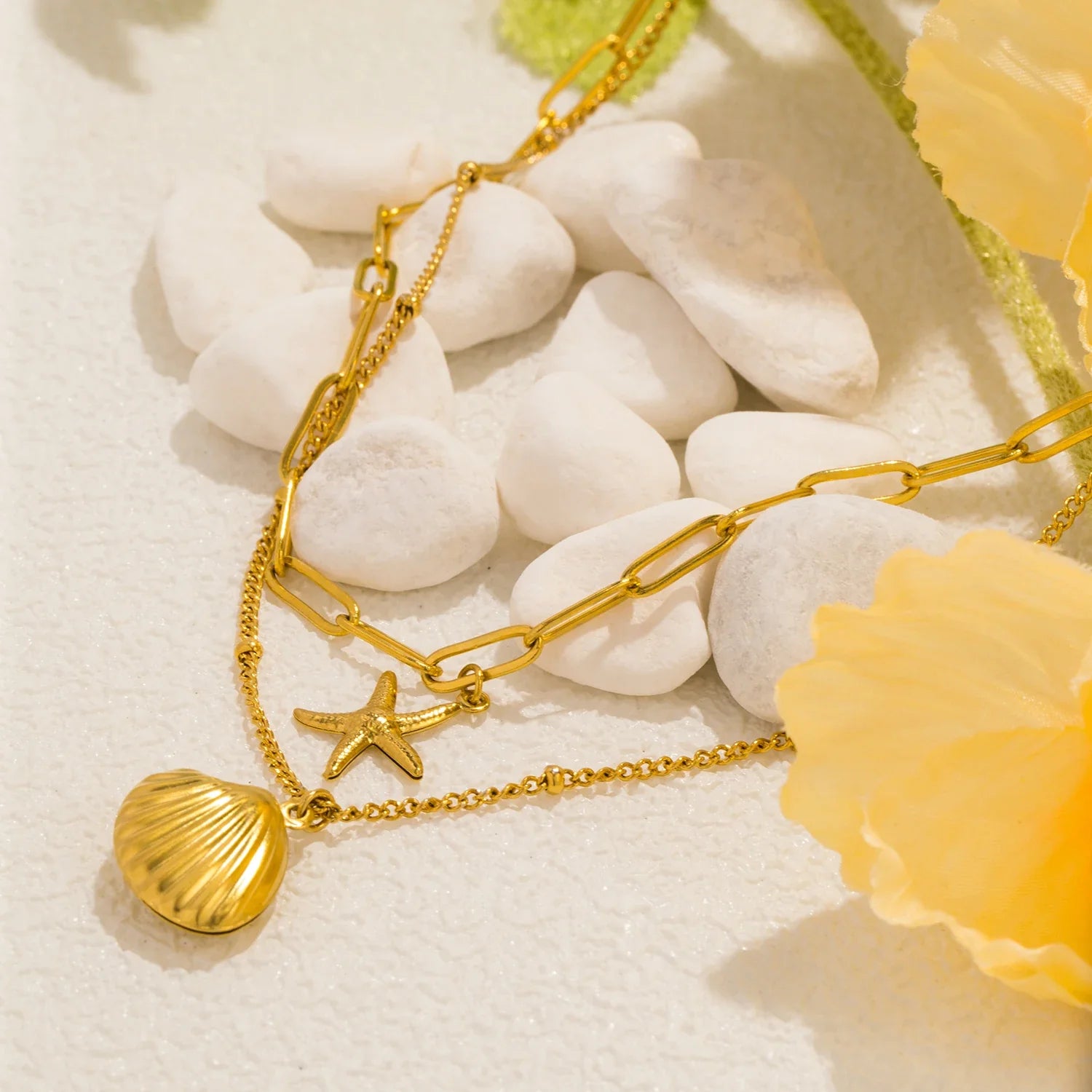 18k Gold-Plated Double Shell and Star Necklace
