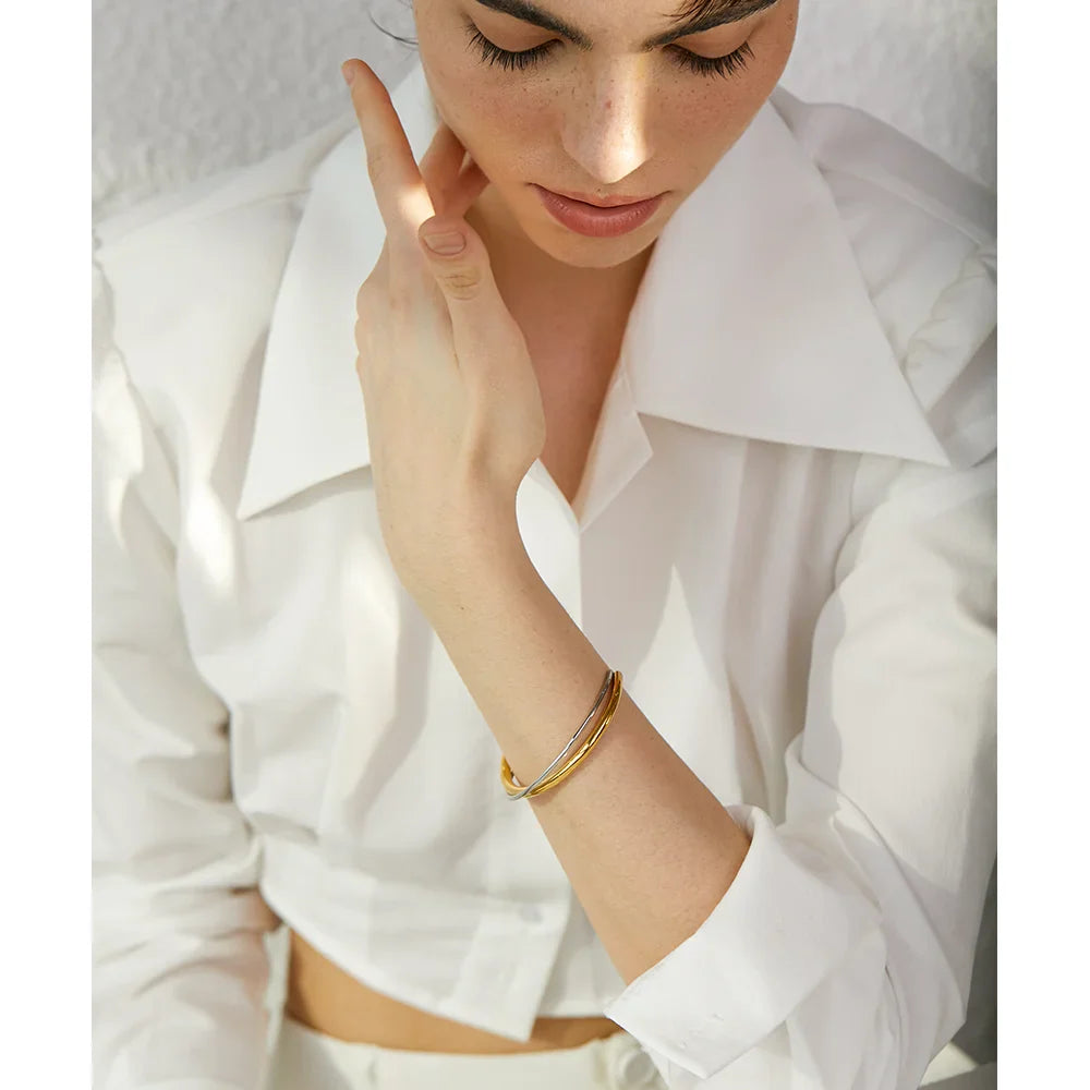 Double Crossed Minimalist Bangle in 18k Gold Plating