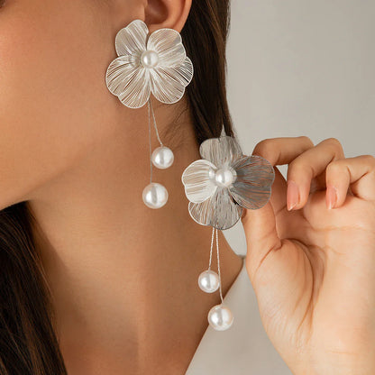 18k Gold-Plated Delicate Flower Pearl Drop Earrings