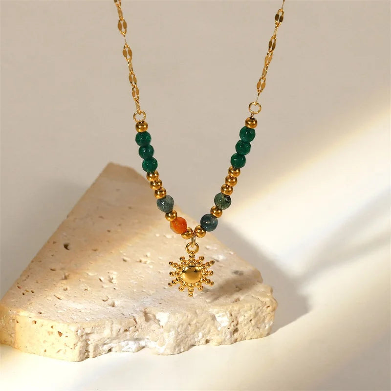 18k Gold-Plated Trend Sun Necklace with Natural Stones
