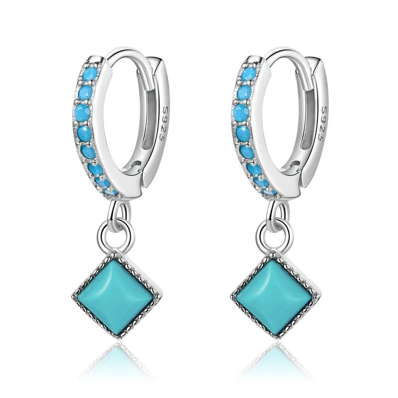 925 Sterling Silver Square Turquoise Drop Earrings