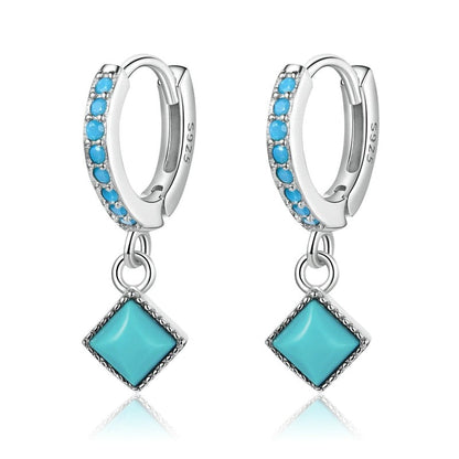 925 Sterling Silver Square Turquoise Drop Earrings