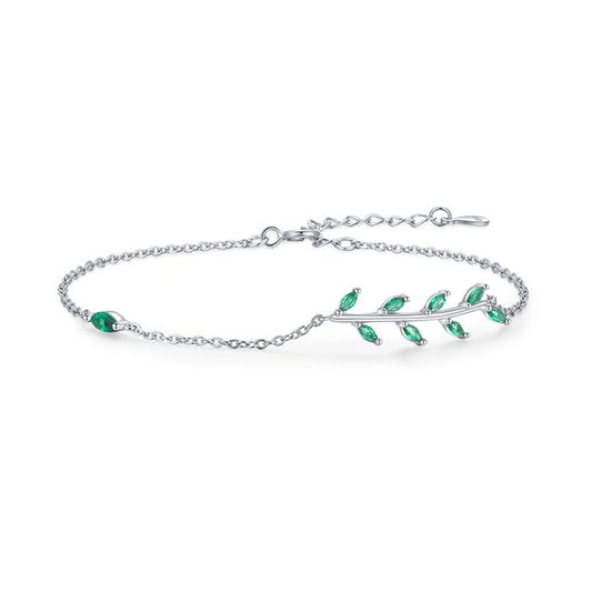 Elegant Green Leaf Bracelet in 925 Sterling Silver