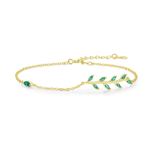 Elegant Green Leaf Bracelet in 925 Sterling Silver