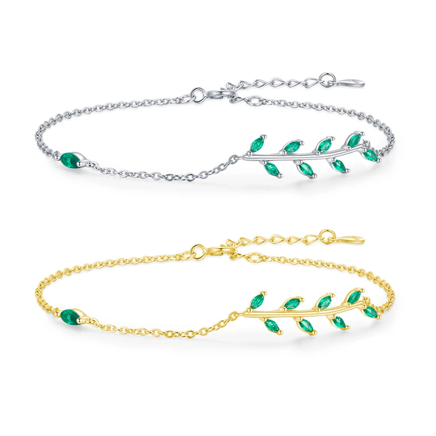 Elegant Green Leaf Bracelet in 925 Sterling Silver